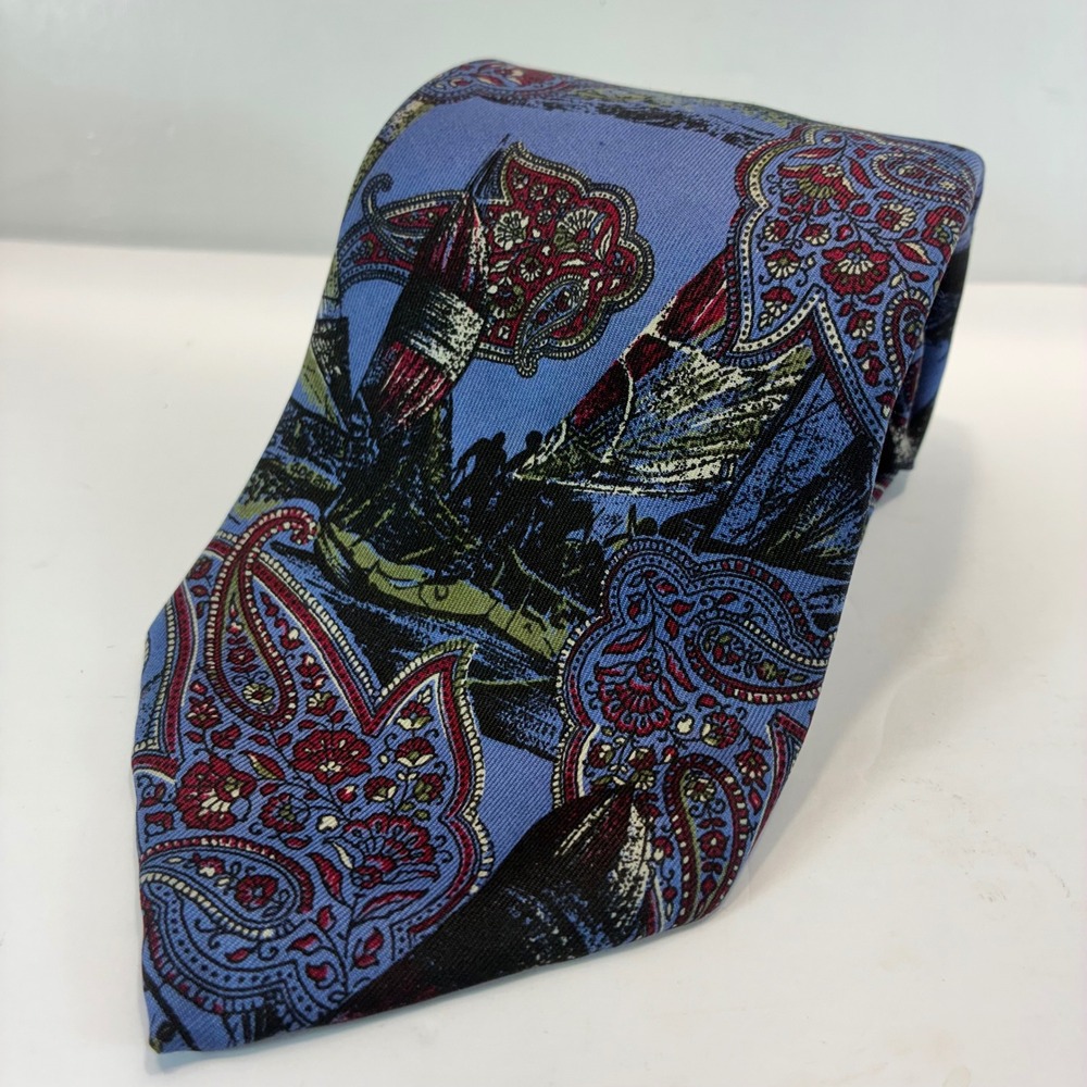 John Henry Mens Silk Tie Blue Paisley Nautical Sailing Ship Made in USA